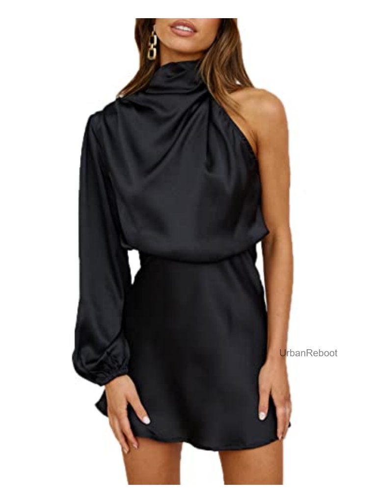 Satin One Shoulder Long Sleeve High Neck Cocktail Mini Dress